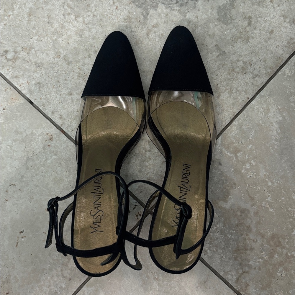 Yves Saint Laurent Black and Gold Pointed Toe Heels